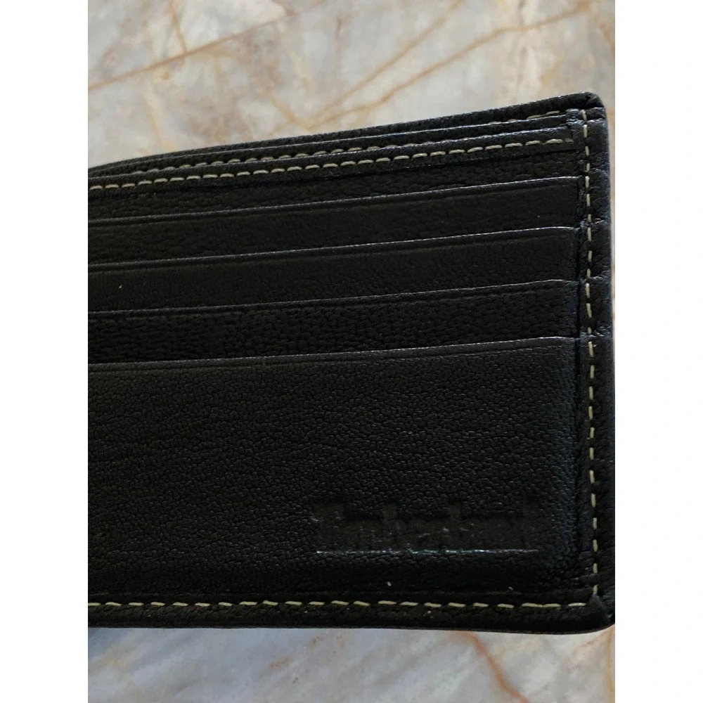 Timberland Mens Black Leather Bifold Wallet Contrast Stitch Embossed Tree Logo